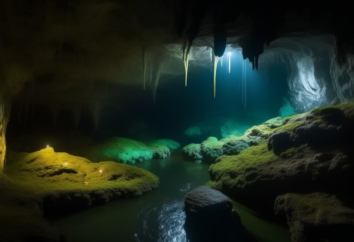 An underground cave, with bioluminescent moss and fungi lighting the way deeper into the earth