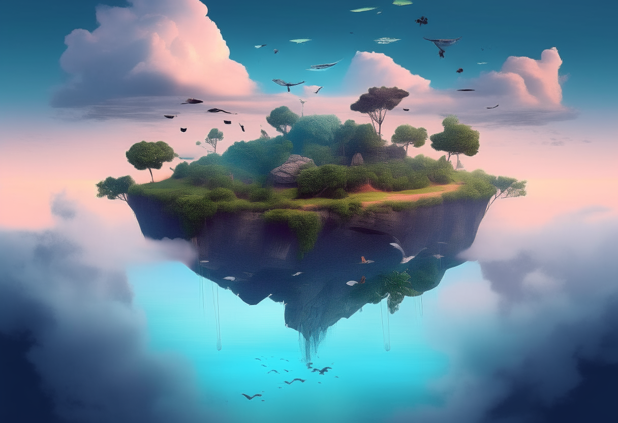 A floating island in the sky, with strange glowing plants and birds soaring between wispy clouds