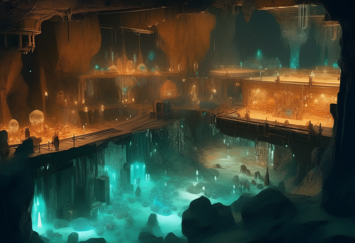 An underground city of glowing crystals, where dwarves craft wonders and trade with glowworm merchants