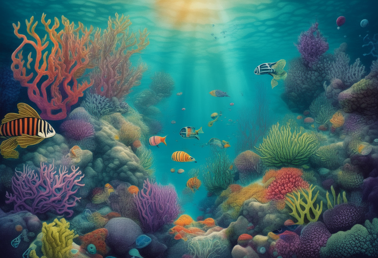 A colorful coral reef in a magical underwater kingdom, with merfolk swimming among rainbow fish and fantastical sea life