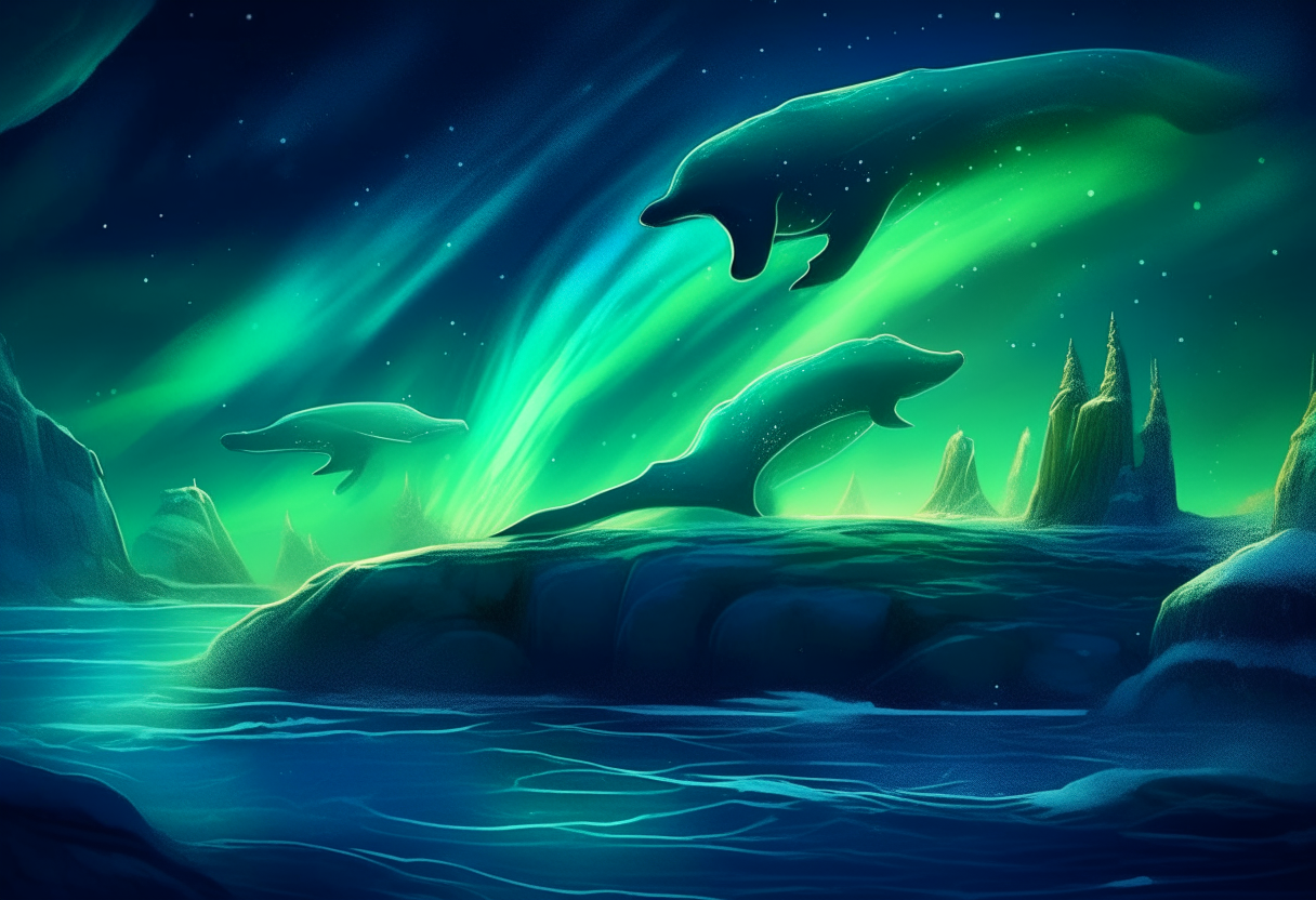 An aurora borealis ocean lit by bioluminescent whales, where merfolk observe glowing sea monsters in the deep below the dancing northern lights