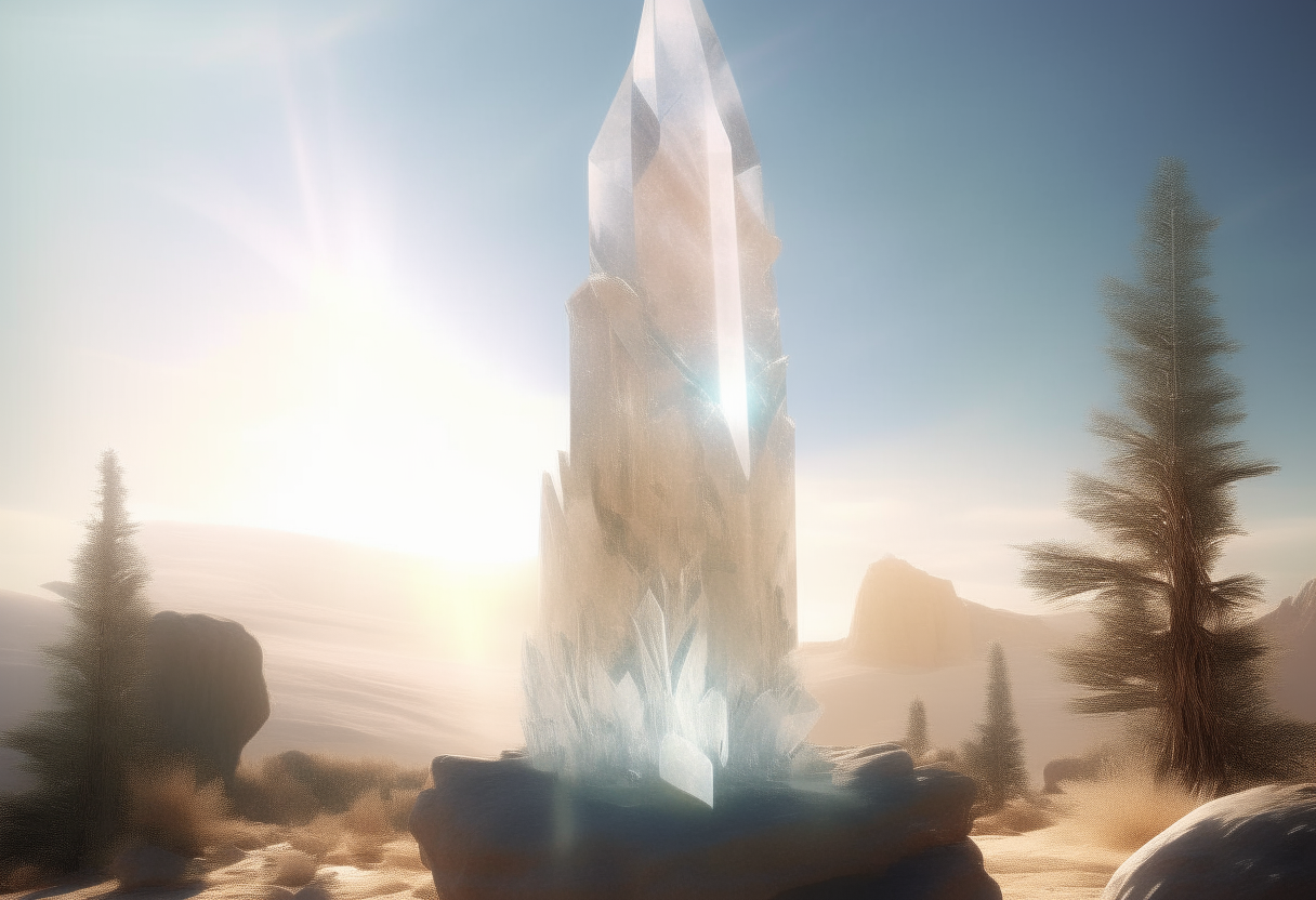 A floating crystal spire rising from a petrified forest, where time seems frozen and sunlight sparkles through the crystal trees