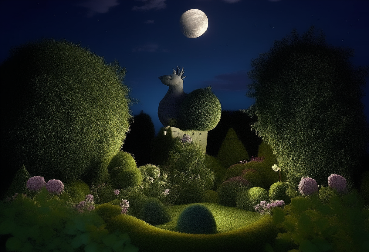 A whimsical topiary garden where the hedge animals come to life at midnight under a glimmering moon