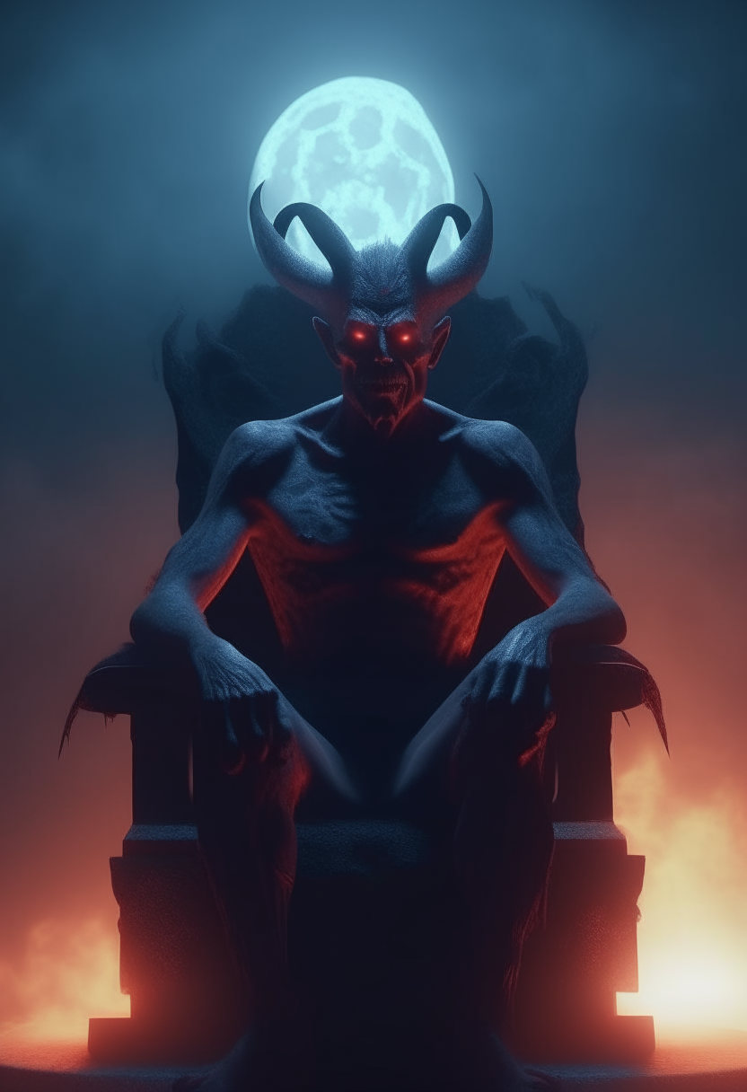 A DEMONIC DEMON SITTING on top of a chair in front of the full moon, RADIANT EYES, MOVES HIS ARMS AND HIS HEAD MOVES, FIRE AND MIST INVADE THE ENVIRONMENT, cinematic, realistic, dark fantasy, 8K, 3D.