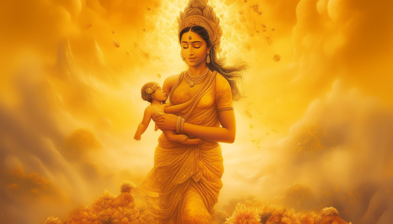 An artistic portrayal of Goddess Parvati in a heavenly setting, sculpting a young boy out of turmeric paste, with divine light illuminating her creation