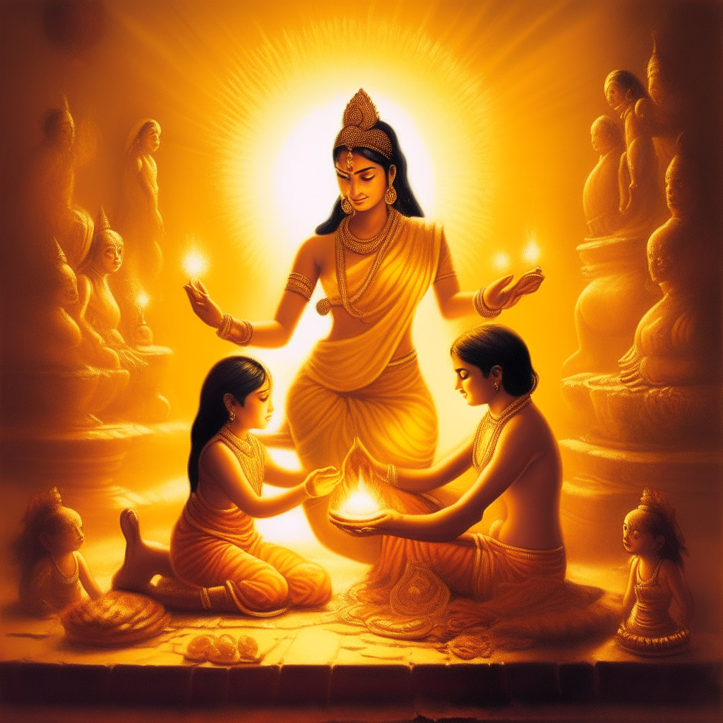 An artistic portrayal of Goddess Parvati in a heavenly setting, sculpting a young boy out of turmeric paste, with divine light illuminating her creation