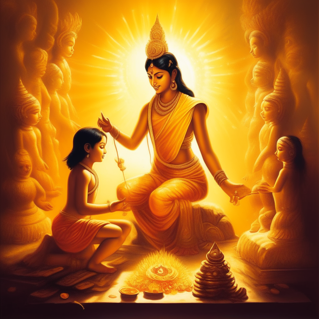 An artistic portrayal of Goddess Parvati in a heavenly setting, sculpting a young boy out of turmeric paste, with divine light illuminating her creation