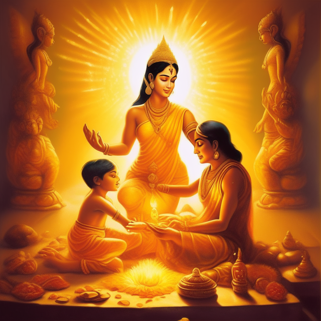 An artistic portrayal of Goddess Parvati in a heavenly setting, sculpting a young boy out of turmeric paste, with divine light illuminating her creation