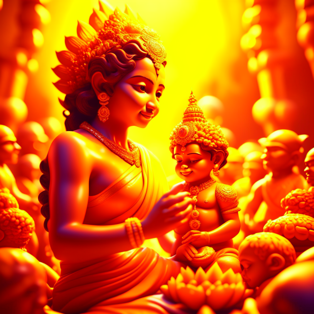 An artistic portrayal of Goddess Parvati in a heavenly setting, sculpting a young boy out of turmeric paste, with divine light illuminating her creation
