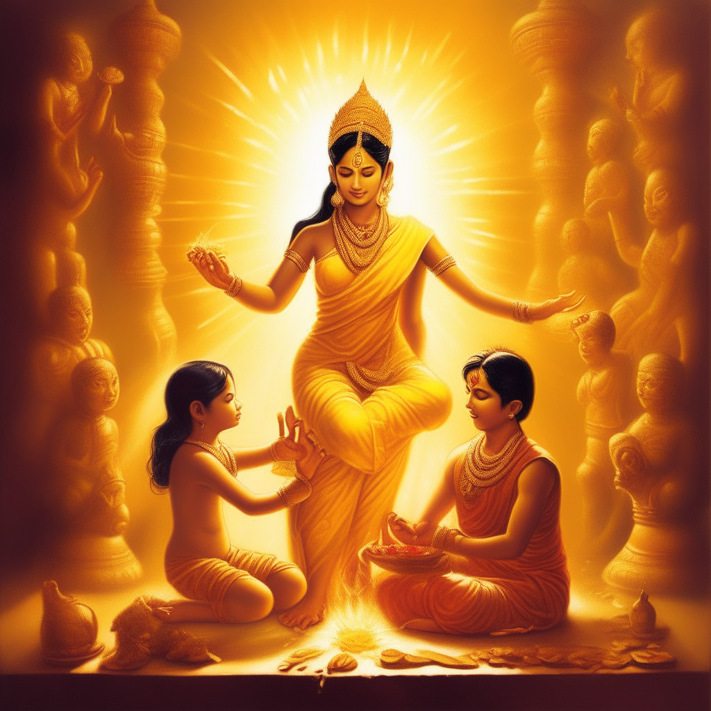 An artistic portrayal of Goddess Parvati in a heavenly setting, sculpting a young boy out of turmeric paste, with divine light illuminating her creation