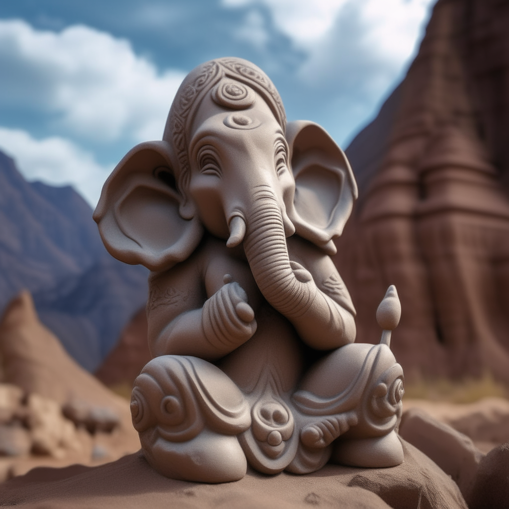 A detailed clay sculpture of young Ganesha, animated with life, eyes opening in wisdom and innocence, set against a backdrop of Mount Kailash