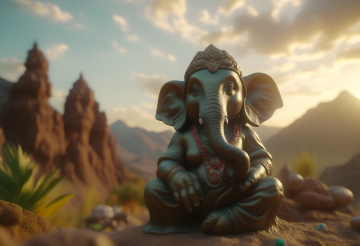 A detailed clay sculpture of young Ganesha, animated with life, eyes opening in wisdom and innocence, set against a backdrop of Mount Kailash