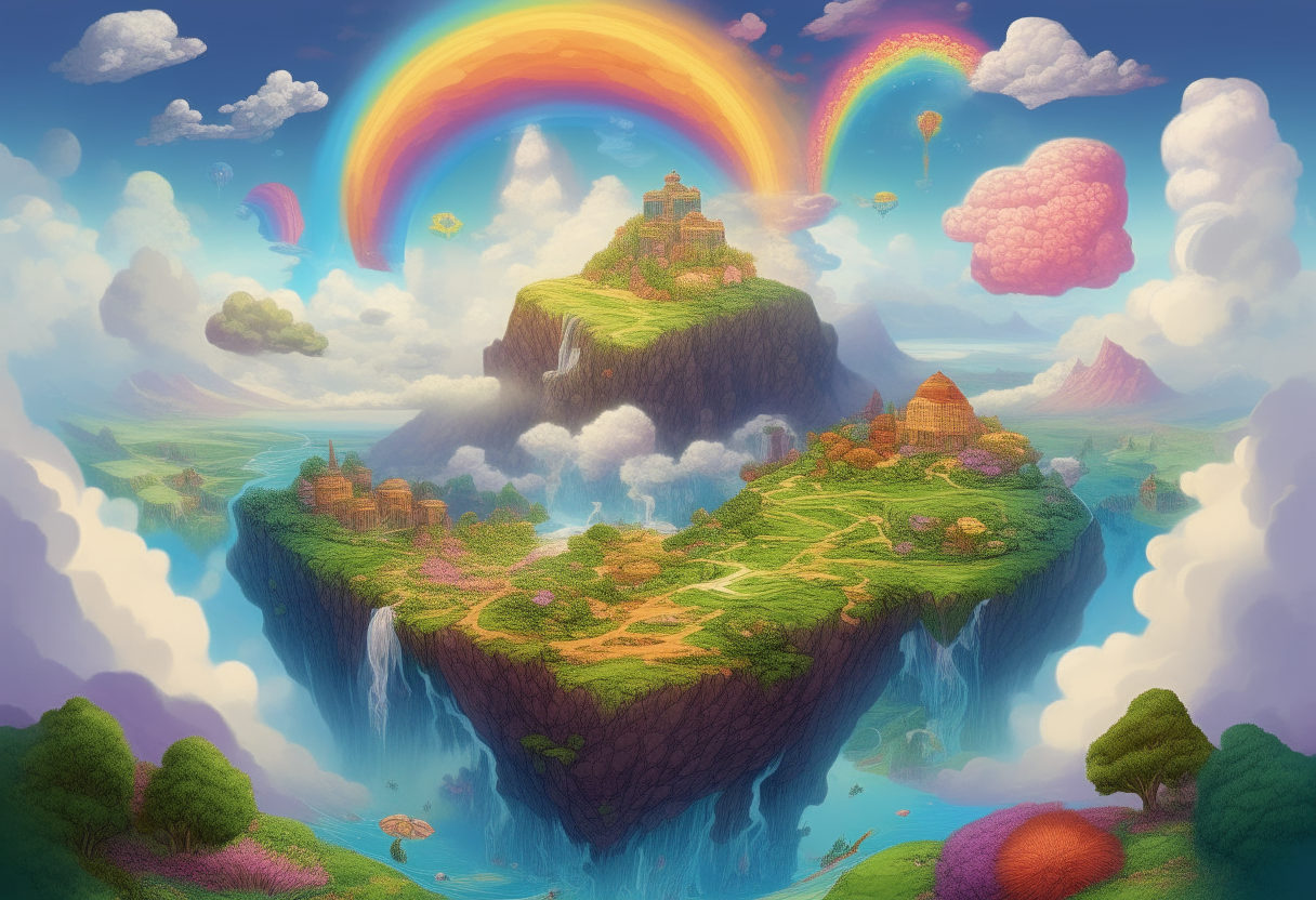 A rainbow valley filled with floating islands, fantastical flora and swirling storm clouds