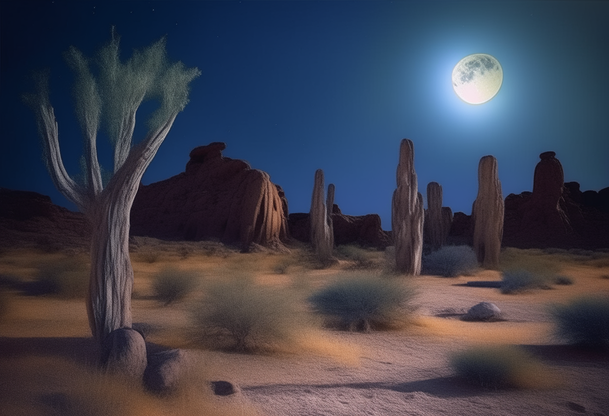 A moonlit desert of petrified trees and glowing oases, home to mysterious nomadic tribes