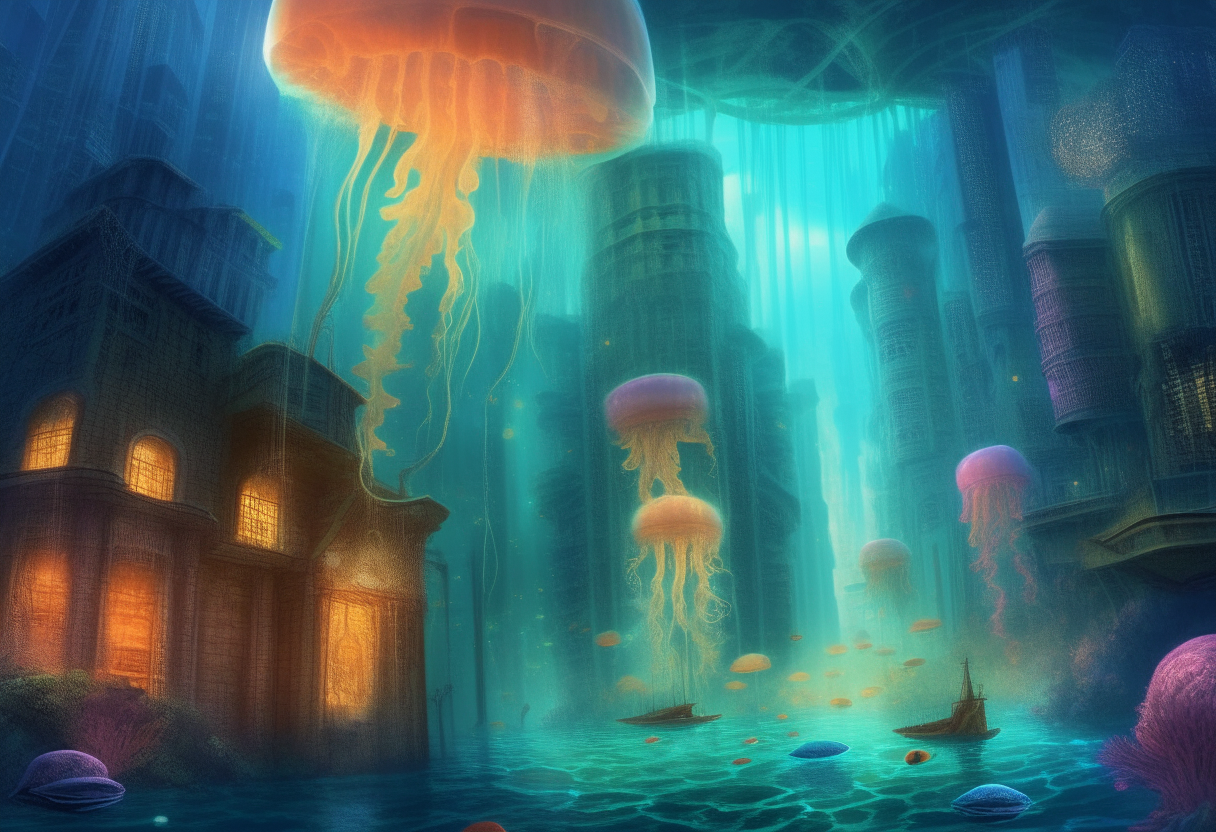 An underwater city of coral spires and glowing jellyfish, where merfolk tinker with magic and machinery