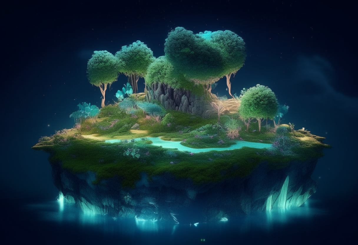 A floating island made of crystal trees and moss, lit by bioluminescent flowers that glow in the moonlight