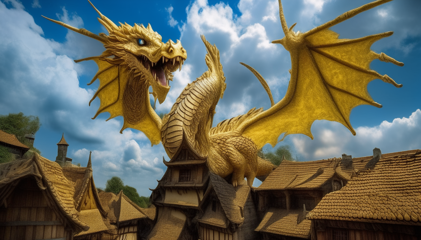 A large, majestic golden dragon with intricate scales and horns and large, powerful wings is flying high in a bright blue sky with fluffy white clouds, looking down at a medieval village of stone buildings with thatched roofs below, extremely detailed, photorealistic, National Geographic photography