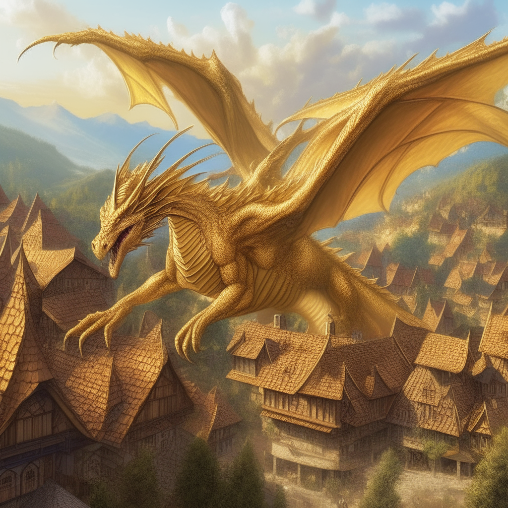 A large golden dragon with shimmering scales flying over a fantasy village, extremely detailed