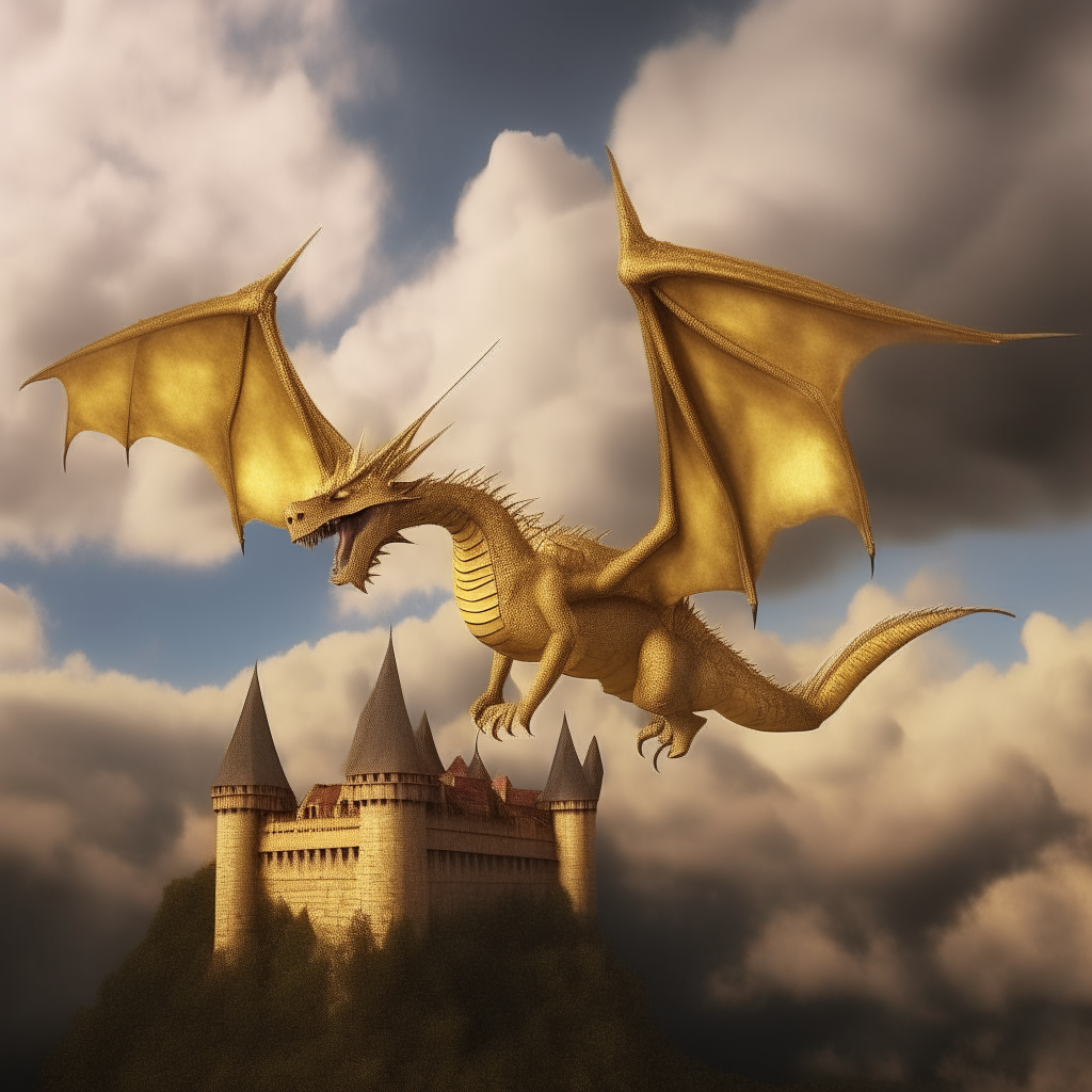 A mighty golden dragon soaring through the clouds above a medieval castle, photorealistic