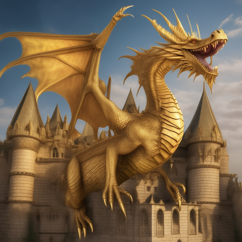 A large, majestic golden dragon with shimmering scales and intricate horns flying over a medieval castle with towers and flags, extremely detailed and photorealistic