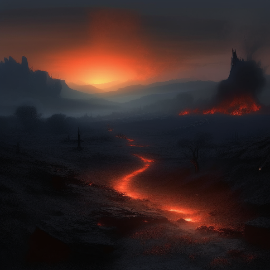 a dark infernal landscape at dusk, with smokey shadows and glowing embers in the distance