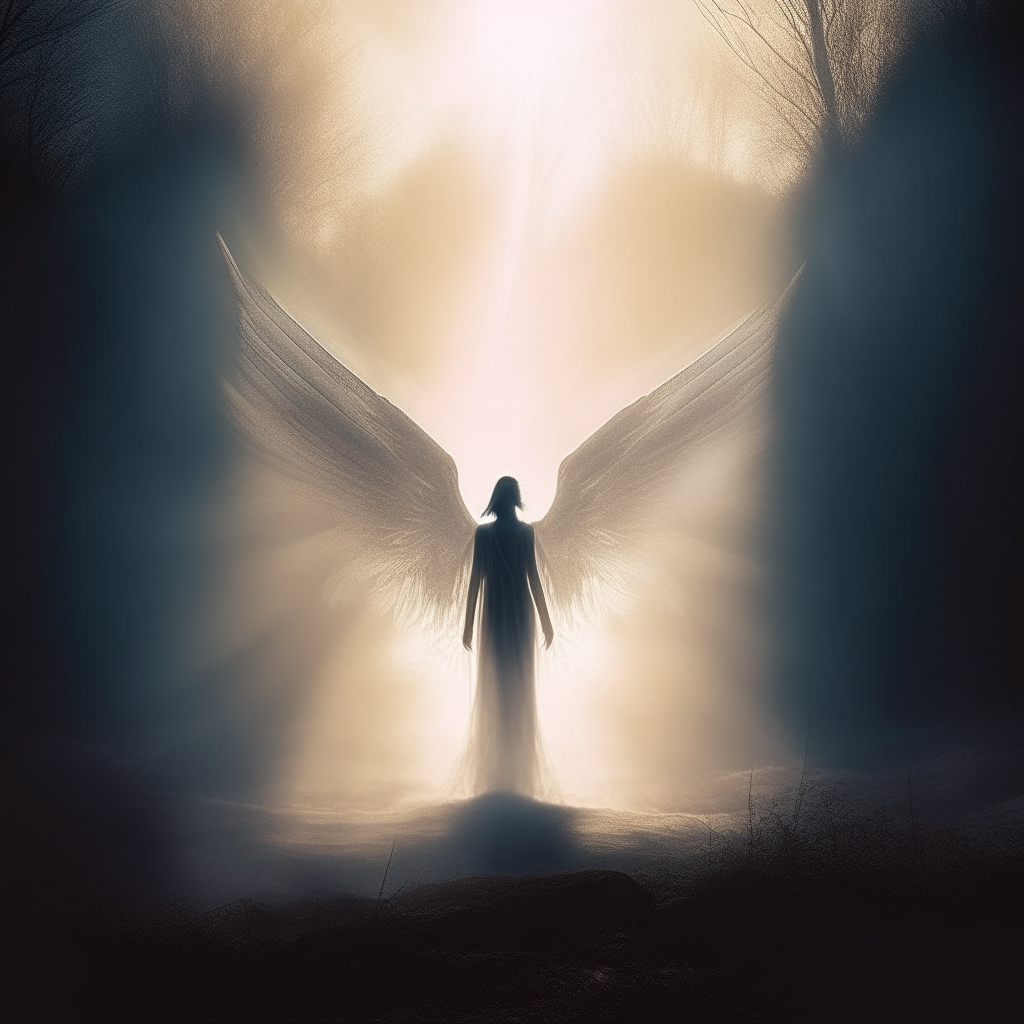 an angelic figure emerges from the shadows of the smoky landscape, wings aglow with celestial light