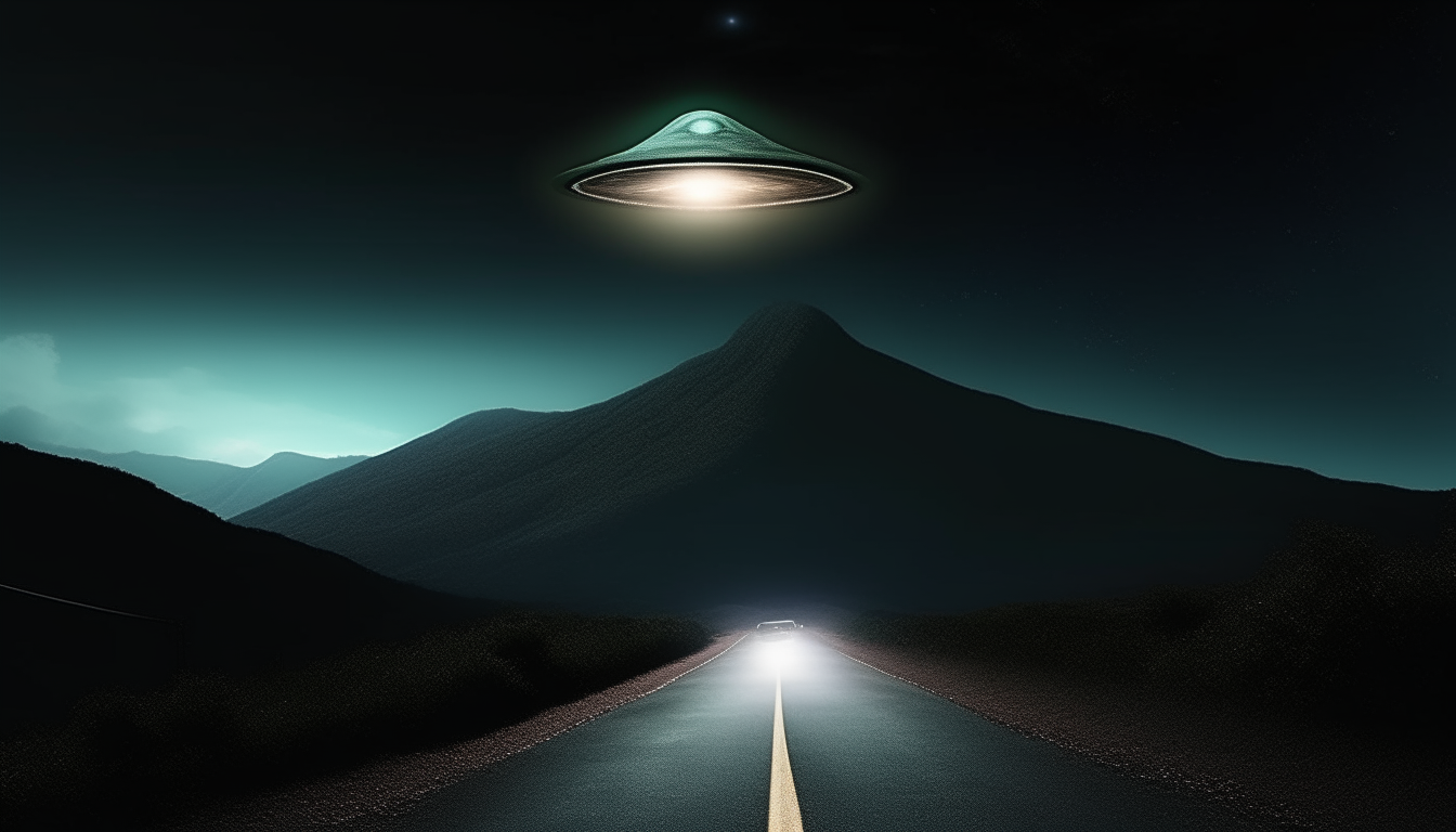 A dark mountain road at night with a flying saucer UFO hovering above, shining a bright white light downwards, digital art