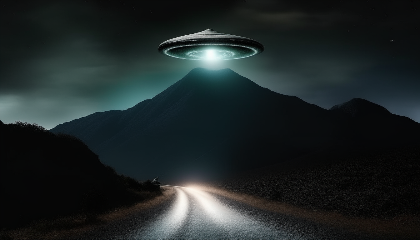 A dark mountain road at night with a large flying saucer UFO hovering above, shining an extremely bright, brilliant white light downwards, digital art