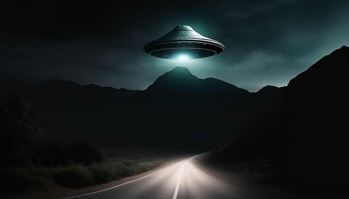 A dark mountain road at night with a large flying saucer ufo hovering above, emitting an extremely intense, blinding white light downwards, digital art