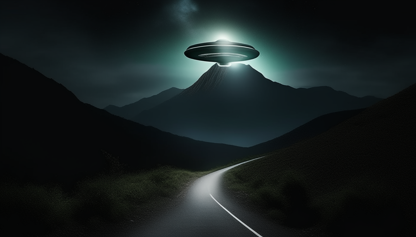 A dark mountain road at night with a large flying saucer ufo hovering above, emitting an extremely intense, blindingly bright white light downwards, digital art