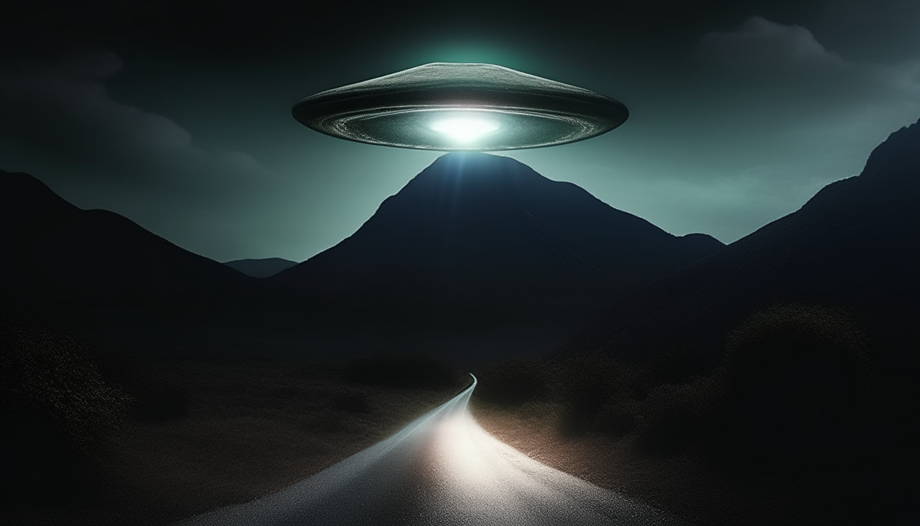 A dark mountain road at night with a large flying saucer ufo hovering above, emitting an extremely intense, blindingly bright white light shining brightly on the road below, digital art