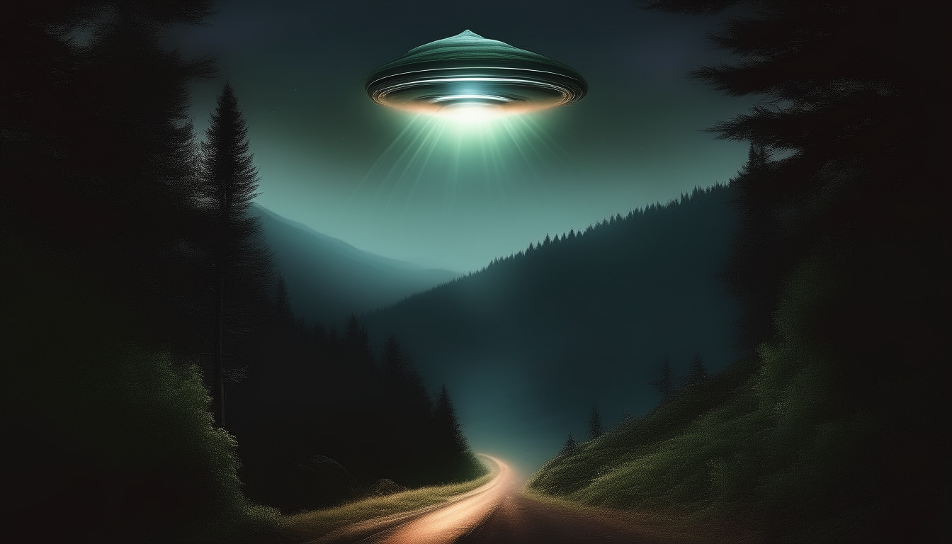 A dark mountain road at night with a large flying saucer ufo hovering high above, emitting an extremely intense, blindingly bright white light illuminating the entire road and surrounding forest below, digital painting