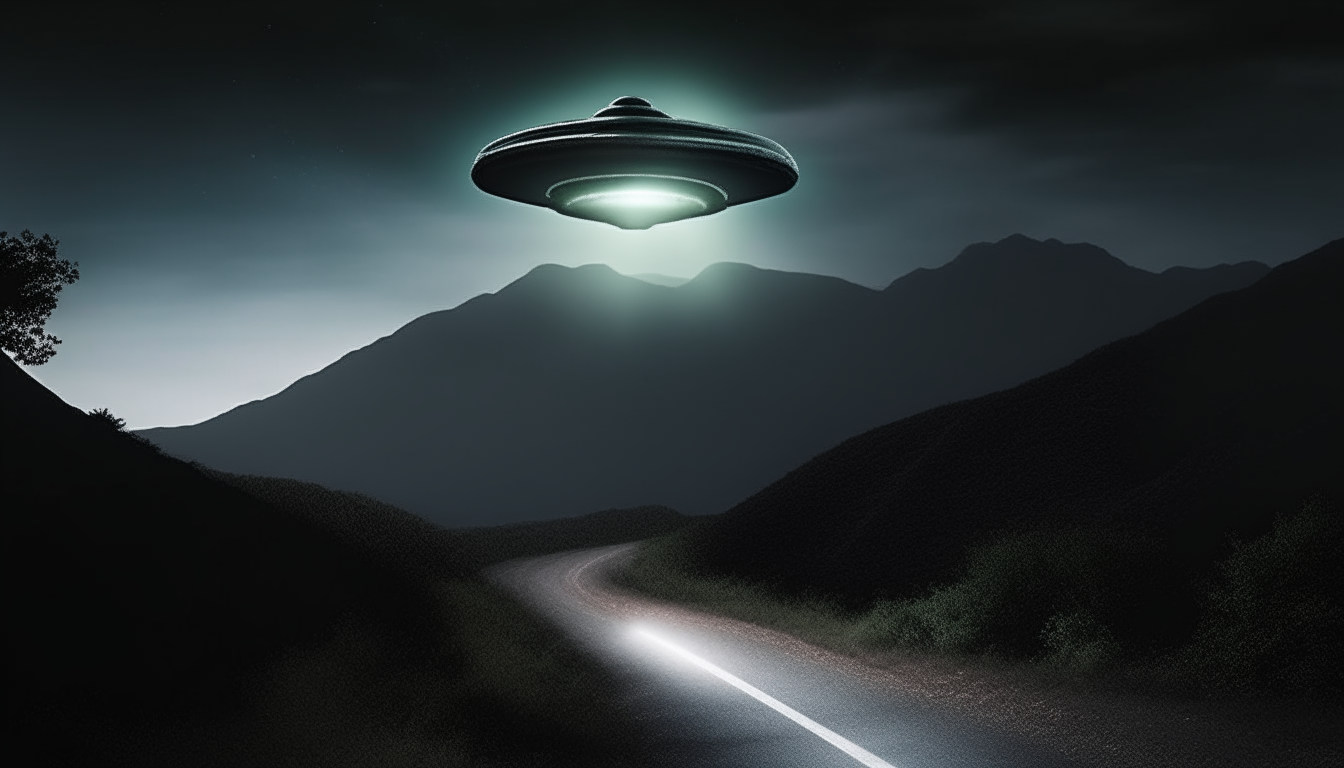 A dark mountain road at night with a large flying saucer ufo hovering above, emitting an extremely intense, blinding white light that illuminates the entire area below like daylight, digital art