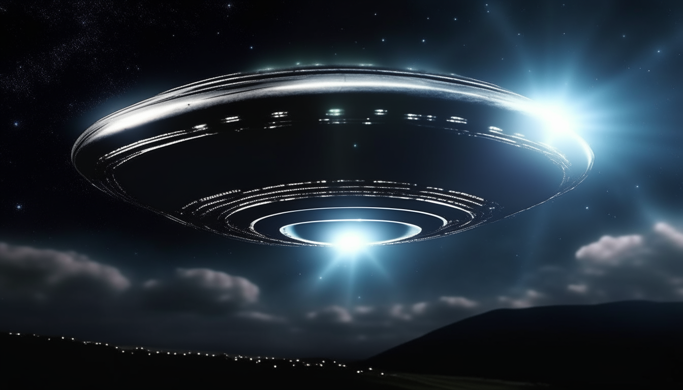 A close-up view of a flying saucer shaped UFO at night, emitting an extremely intense, blinding white light from its underside, digital art