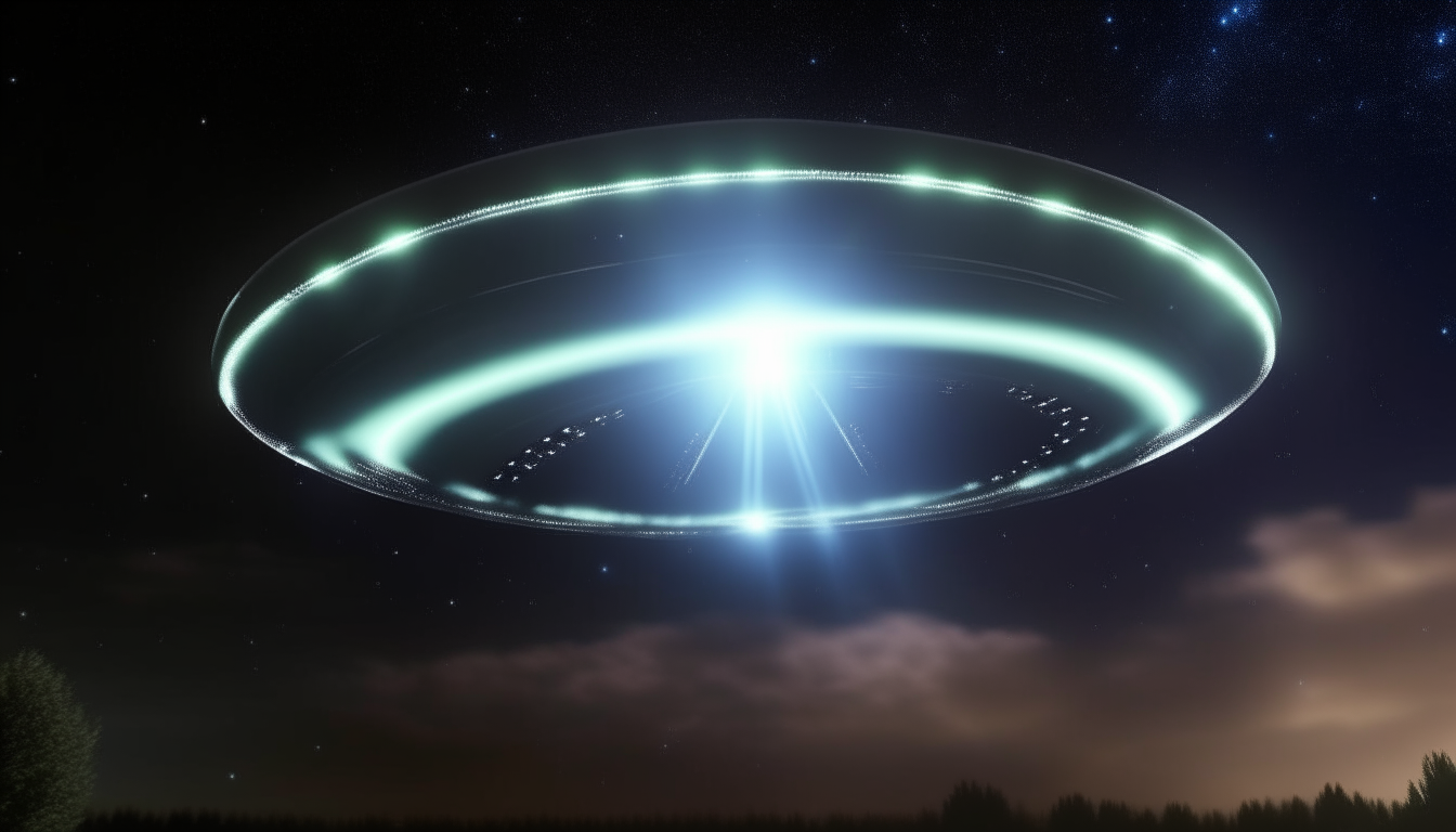 Close up view of a flying saucer ufo at night, emitting an extremely intense, blinding white light from its underside abduction beam, digital art