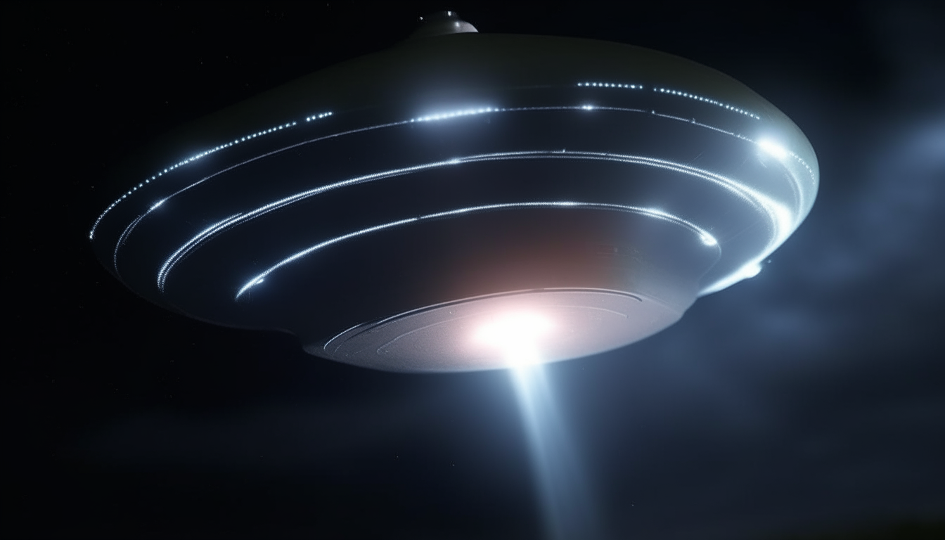 Extreme close up of a flying saucer ufo at night, emitting an incredibly intense, blindingly bright white light from the underside abduction beam