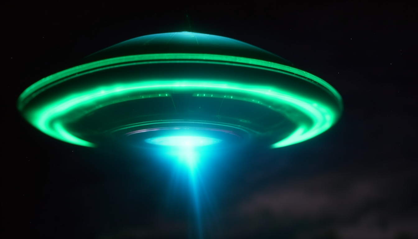 Extreme close up view of a flying saucer ufo at night, emitting an incredibly intense, blindingly bright blue-green light from the underside abduction beam