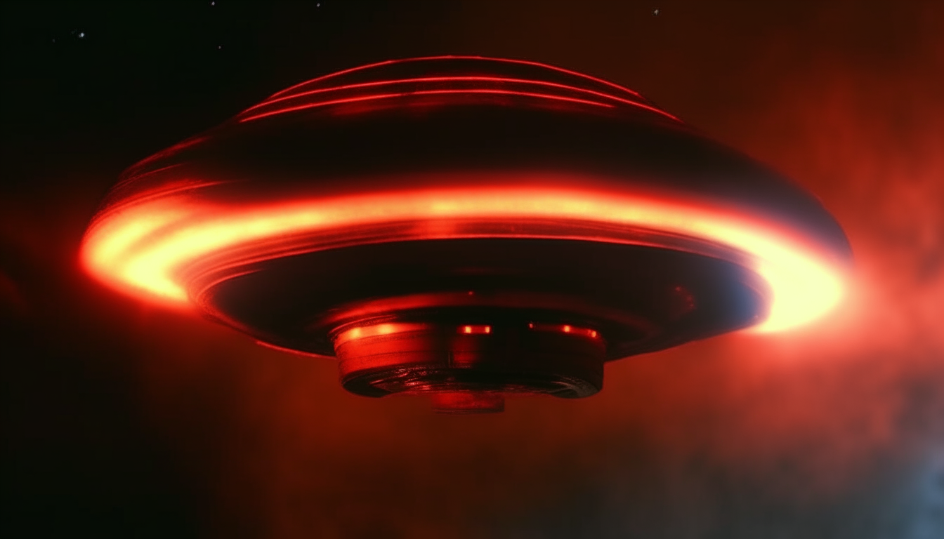 Extreme close up view of a flying saucer ufo at night, emitting an incredibly intense, blindingly bright crimson red and orange fiery light from the underside abduction beam