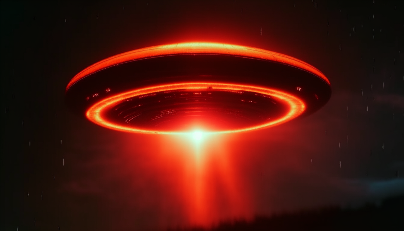 Extreme close up view of a flying saucer ufo at night, emitting an incredibly intense, blindingly bright crimson red and orange fiery light beam from the underside toward the ground