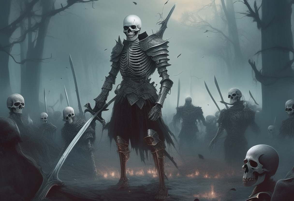 A knight in broken armor with a sword, a huge skeleton necromancer begins to conjure an army of zombies against a knight in silver armor, a dark misty forest, a castle like a skull is visible in the background, superrealism, cinema, fantasy atmosphere