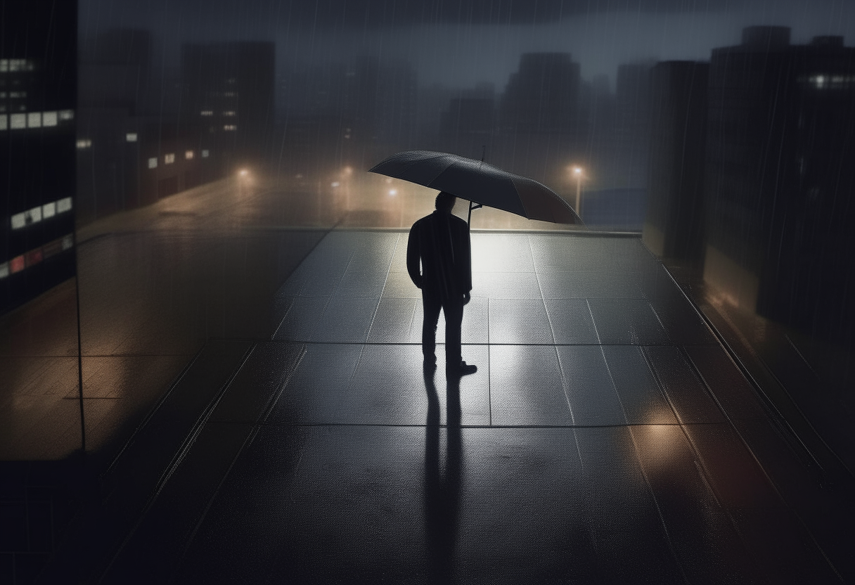 a man's shadow on a sidewalk at night, seen from above during a heavy rainstorm, the city skyline visible in the distance under dark storm clouds, photorealistic