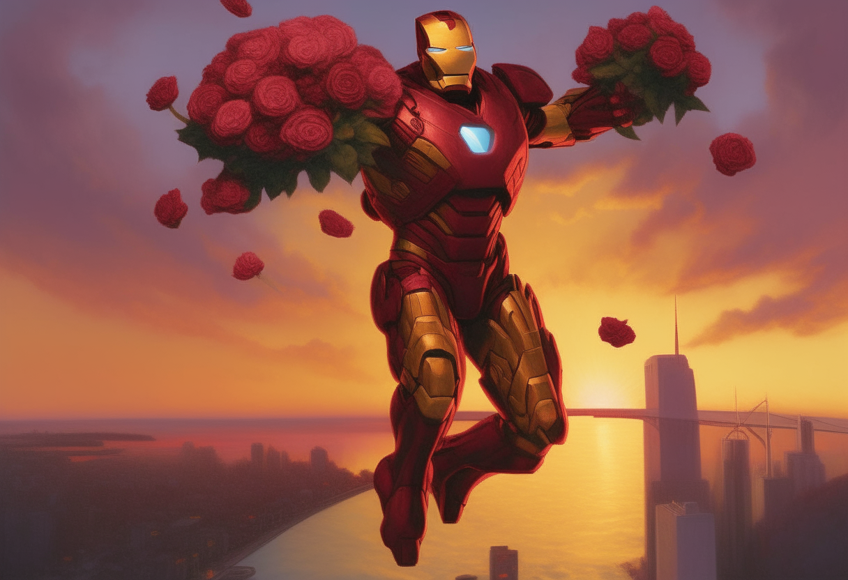 Iron Man flying through the sky at sunset, holding a bouquet of roses, looking down at the city below with a smile on his face