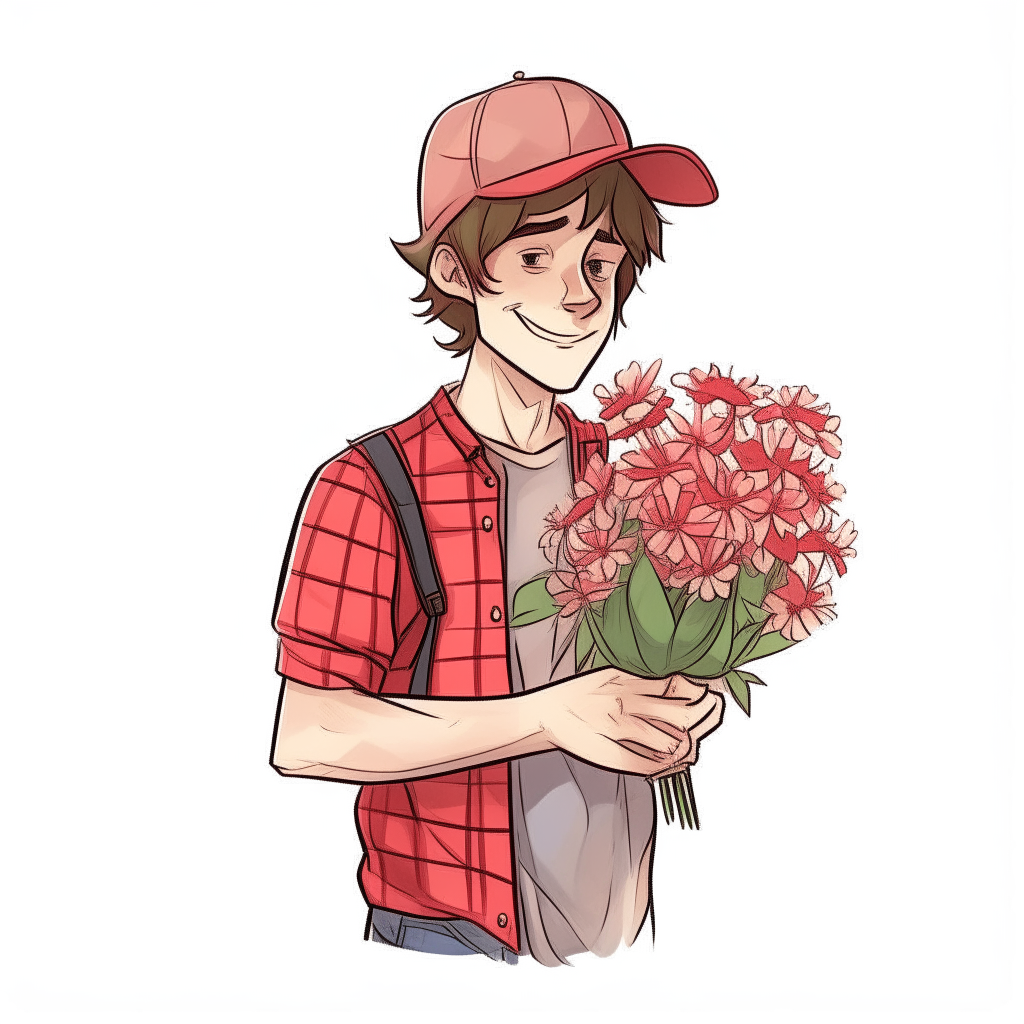 A hand-drawn boy with brown hair, wearing jeans and a red plaid shirt. He has a red baseball cap on his head and is holding a bouquet of flowers in his hands against a white background. A drawing of a boy in jeans and a red shirt, holding flowers on a blank page