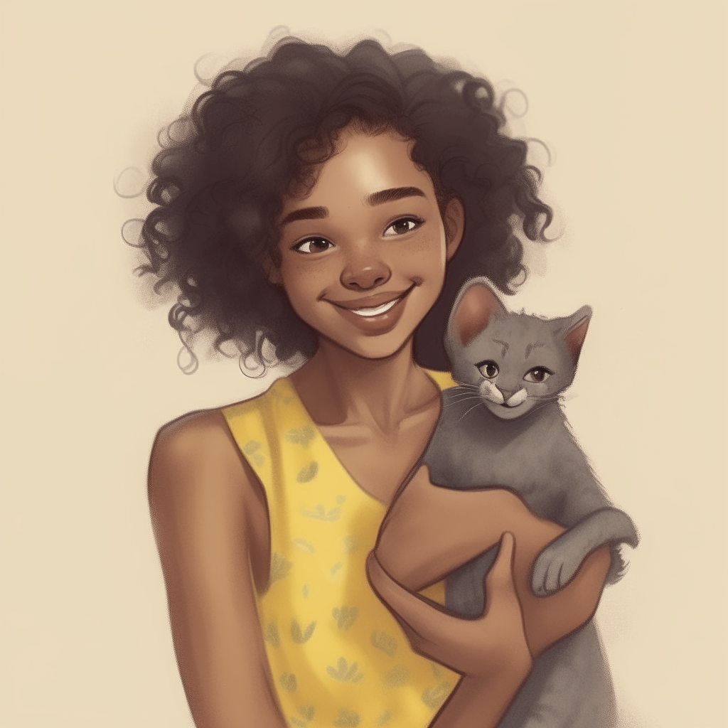 The girl lifts up a small white kitten to her chest, gently cradling it in her hands