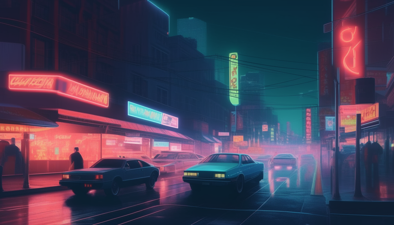 A busy city street at night, with neon signs glowing and cars zooming by. Inspired by Grand Theft Auto.