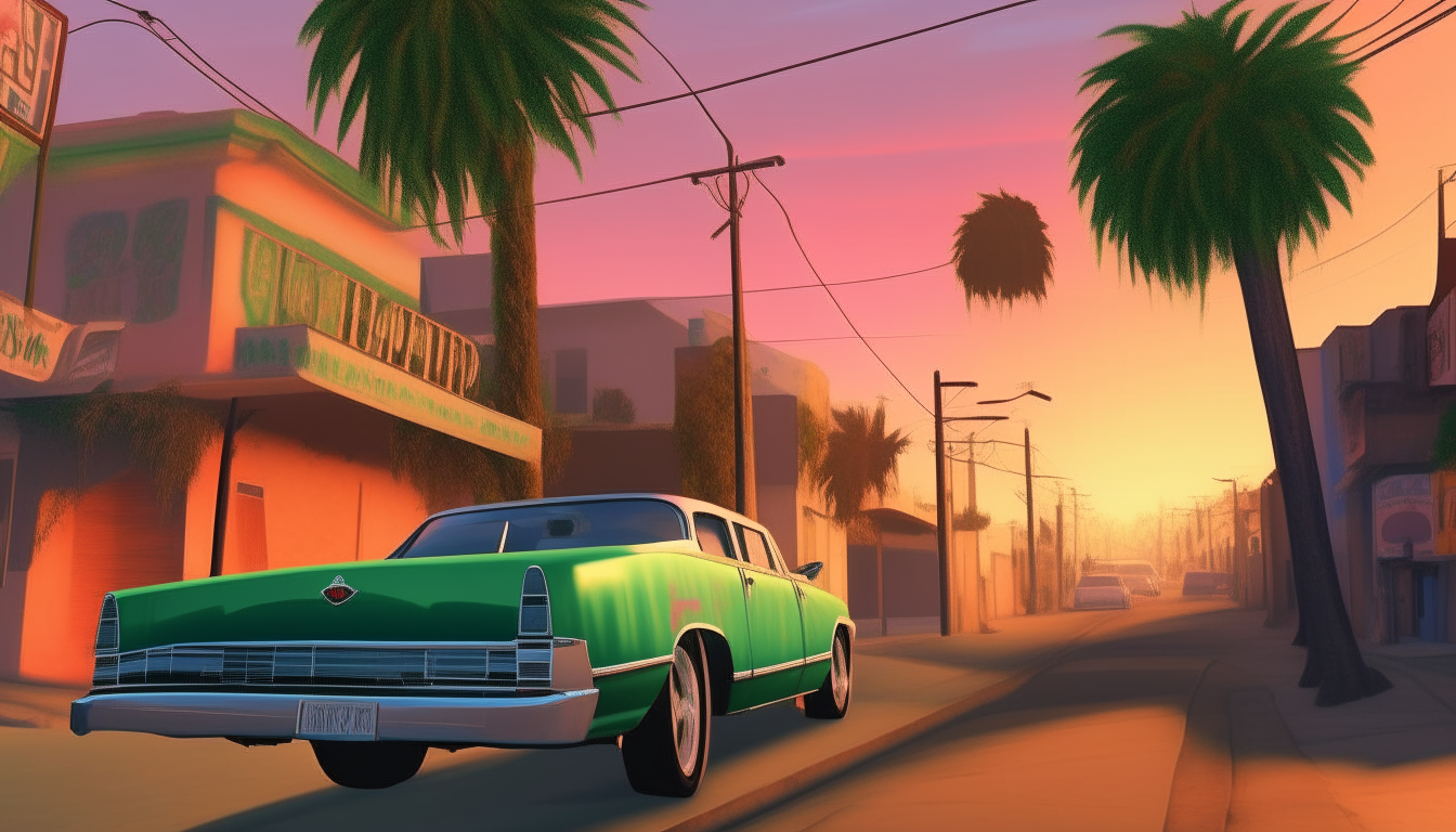 A classic green Sabre drives down Grove Street at dusk, passing colorful murals and palm trees. Inspired by Grand Theft Auto: San Andreas.