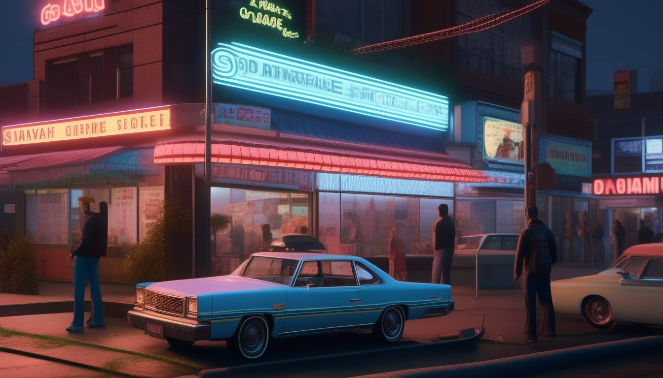 The Sabre is parked on the sidewalk in front of a busy diner on Jefferson Ave. Pedestrians stroll by as neon signs glow in the background. Inspired by Grand Theft Auto: San Andreas.