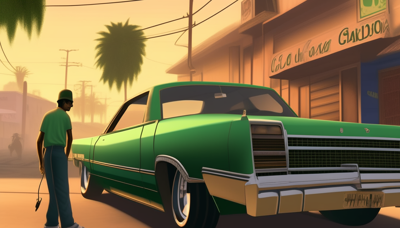 A man wearing a baseball cap and gold chain leans on a classic green Sabre parked on Grove Street. Inspired by Grand Theft Auto: San Andreas.