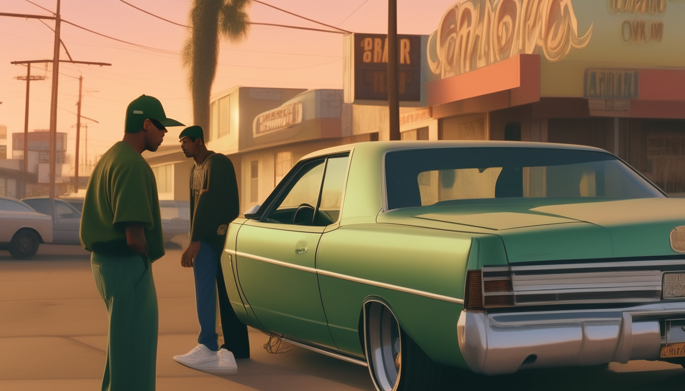 Two men, one in a cap and gold chain, stand chatting next to a Sabre parked outside a diner on Jefferson Ave. Inspired by Grand Theft Auto: San Andreas.