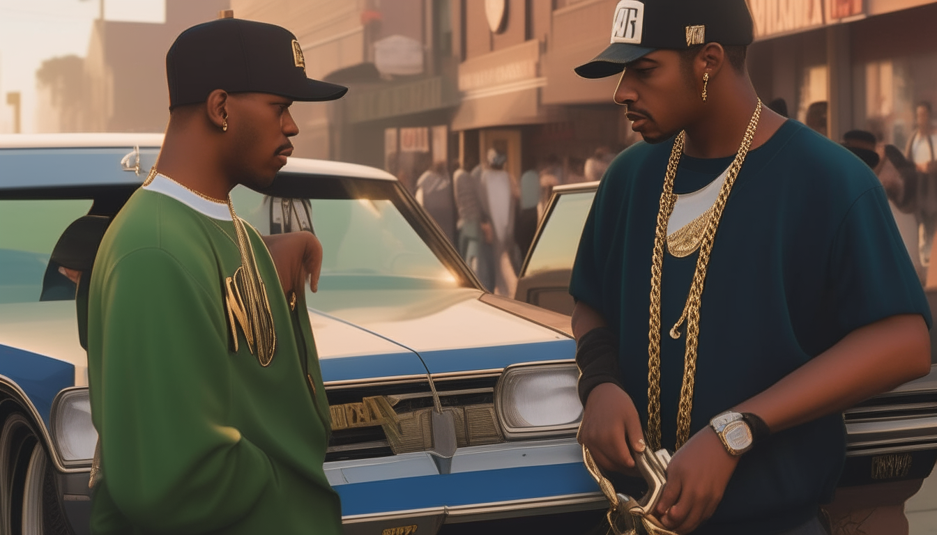 Two men in caps and gold chains lean on the Sabre, deep in conversation on a bustling Jefferson Ave.